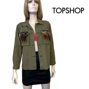 TOPSHOP Jacket Coat Plume Feathers Cotton Military Army Green Field Utility
